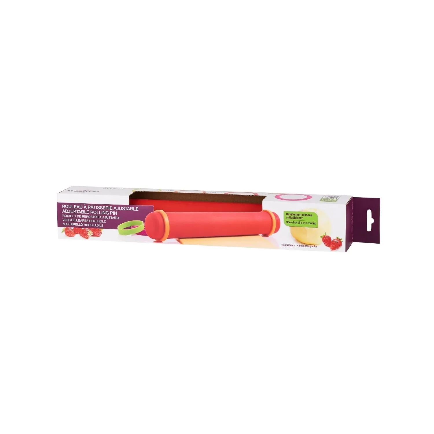 Mastrad Rouleau à pâtisserie réglable antiadhésif Rouge – Contrôle d’épaisseur 2 à 8 mm – Silicone sans BPA – 41 cm