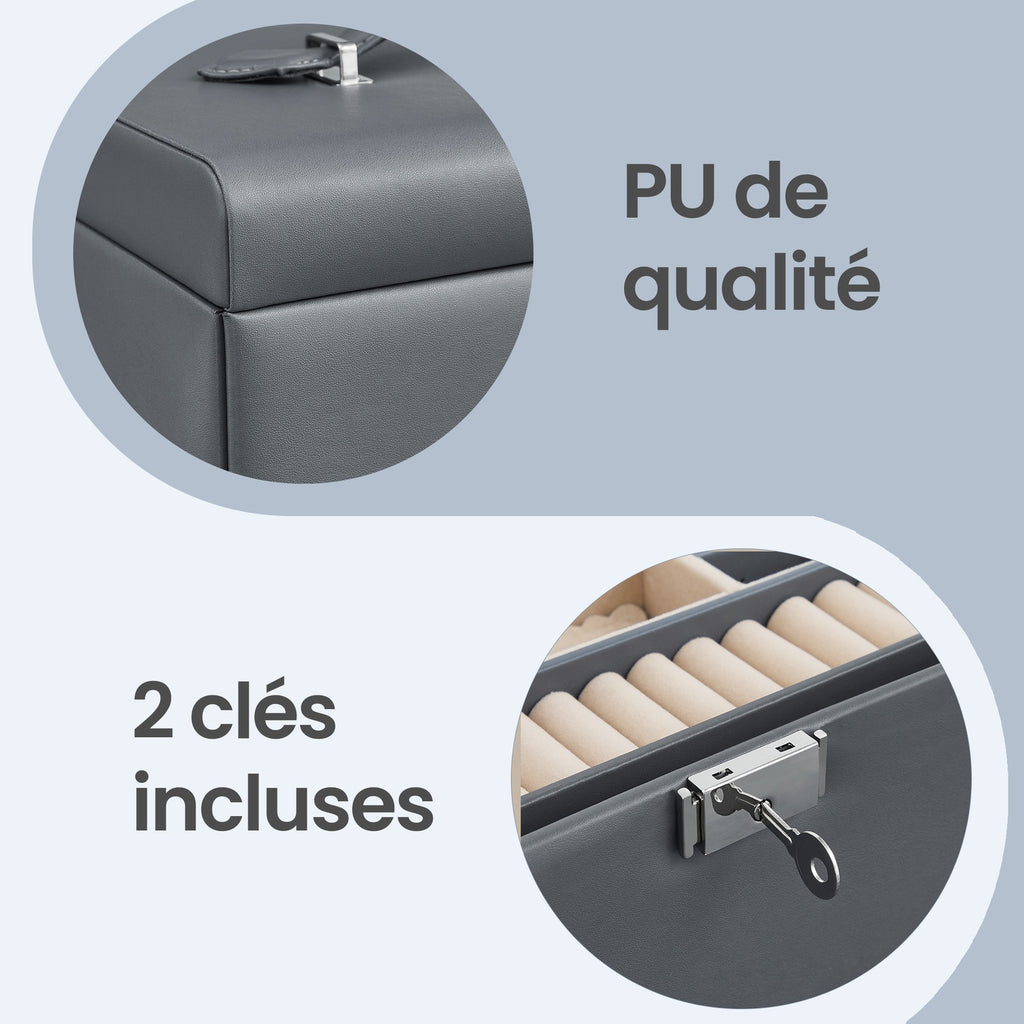 JOYFURNOS Boîte à bijoux, Organisateur de bijoux avec 2 tiroirs, Boîte à bijoux verrouillable avec miroir, Étui de voyage portable, Pour bagues, bracelets, boucles d'oreilles, colliers, Doublure en velours, Cadeau, Gris