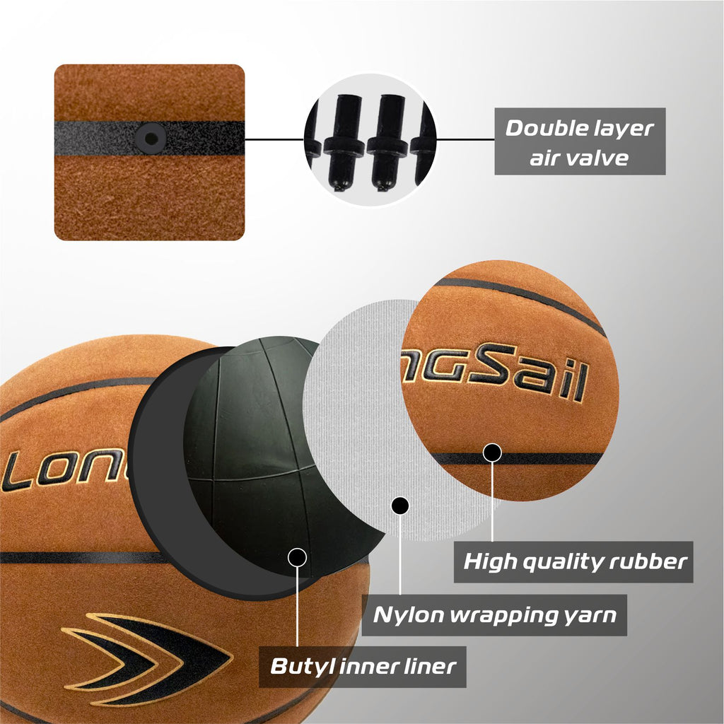 LONGSAIL Ballon de basket premium en cuir composite/microfibre marron - Taille #7