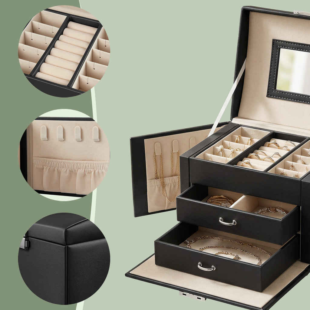 JOYFURNOS Boîte de voyage pour bijoux avec miroir, 2 tiroirs, verrouillable, idée cadeau, noir