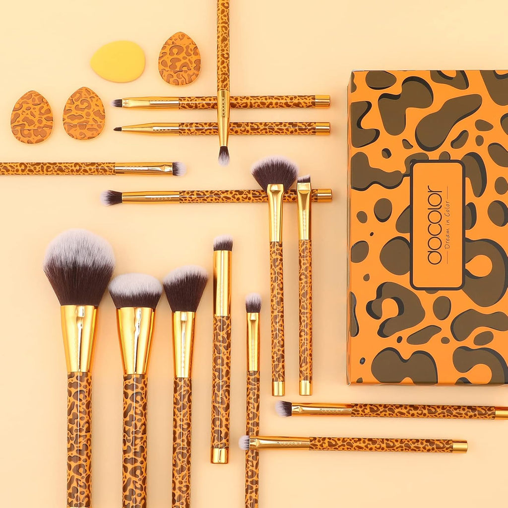 Docolor Coffret Cadeau 14 Pièces Pinceaux de Maquillage Imprimé Léopard Doré