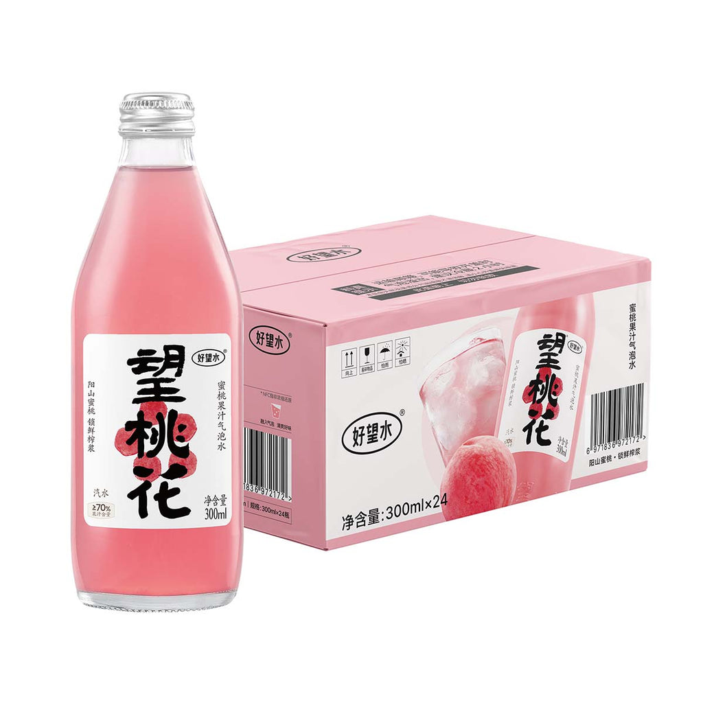 Hao Wang Shui Eau pétillante au jus de pêche et au nectar de fleur de prunier 24 x 300 ml
