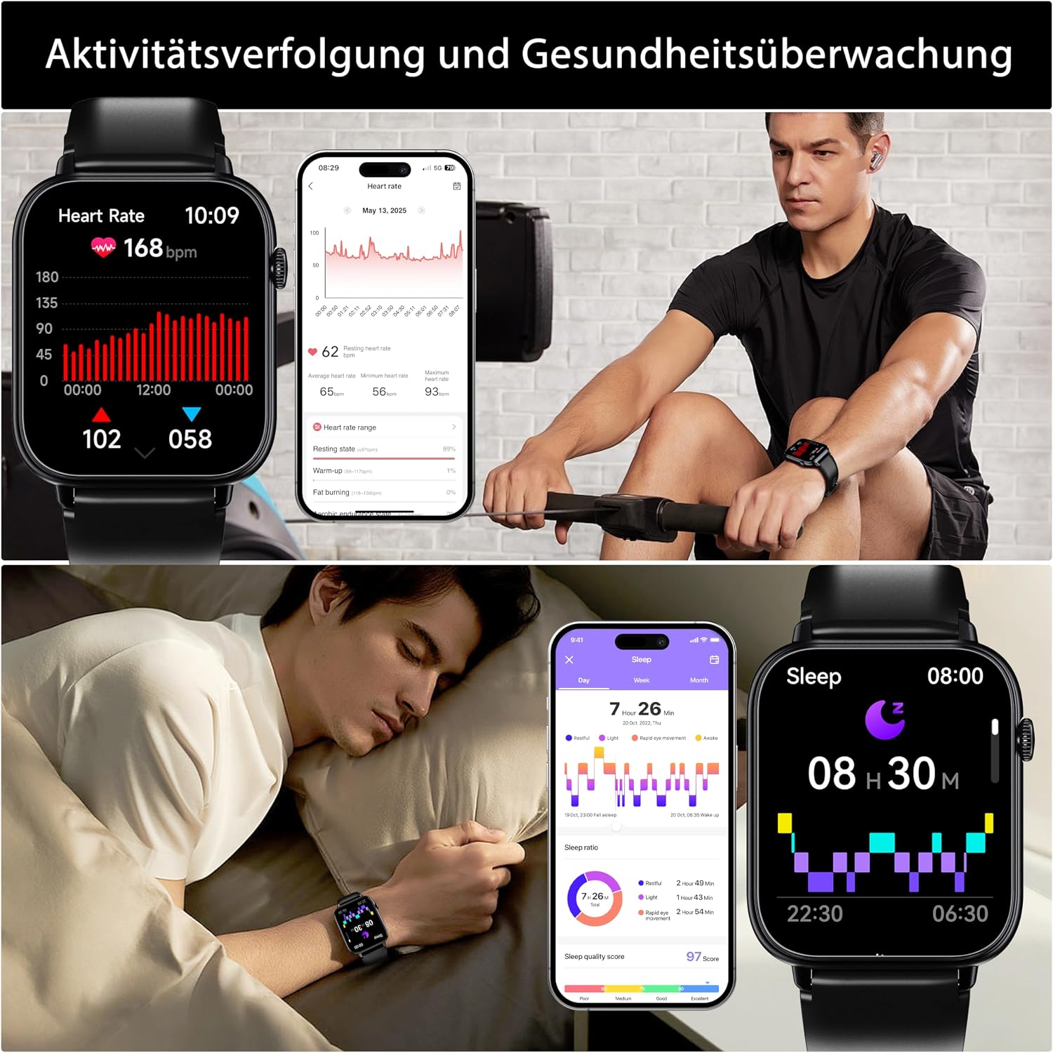 Montre connectée OUKITEL V3 noire-1,83" HD homme femme appel Bluetooth IP68 SpO2 cardio 100+ modes sportifs Android iOS