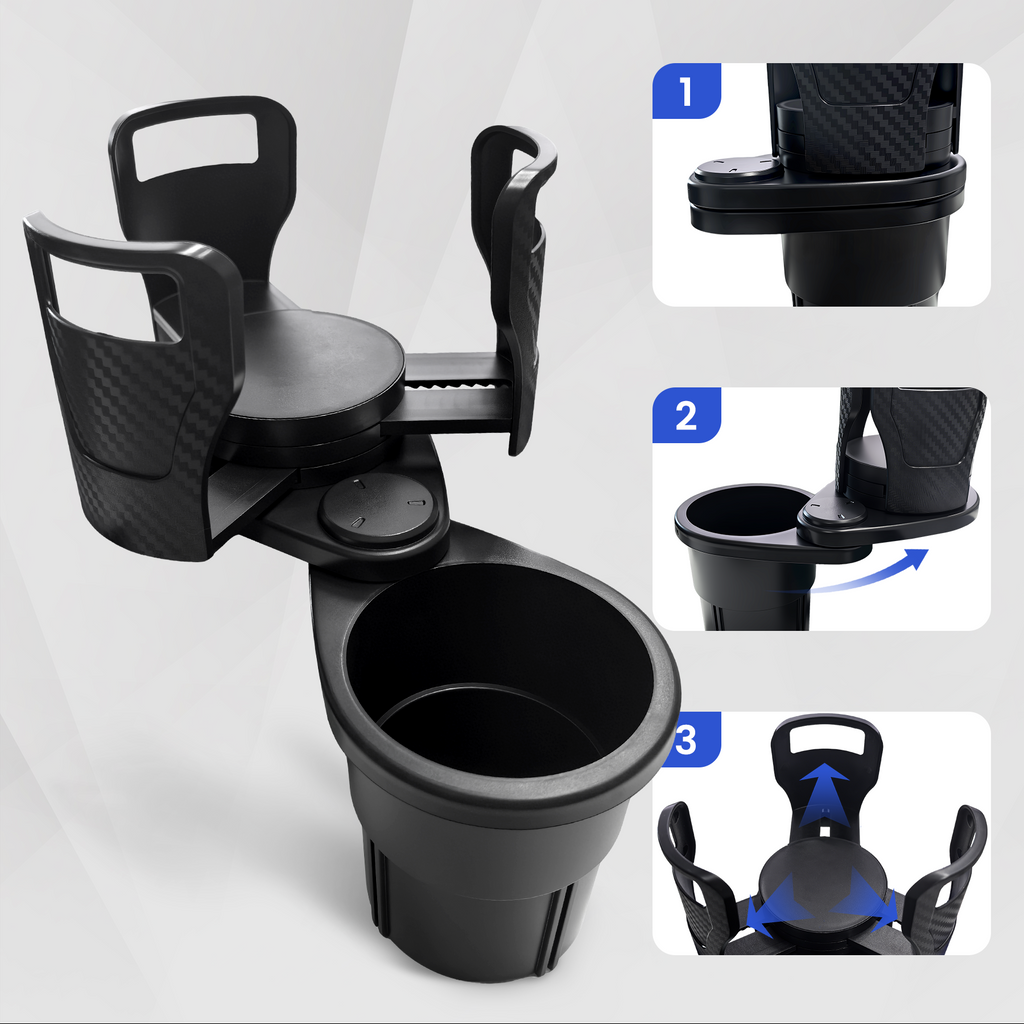 Porte-gobelet voiture 2-en-1, support de boisson pivotant à 360° avec base réglable, antidérapant et stable en ABS, adapté aux bouteilles, tasses à café et canettes, noir