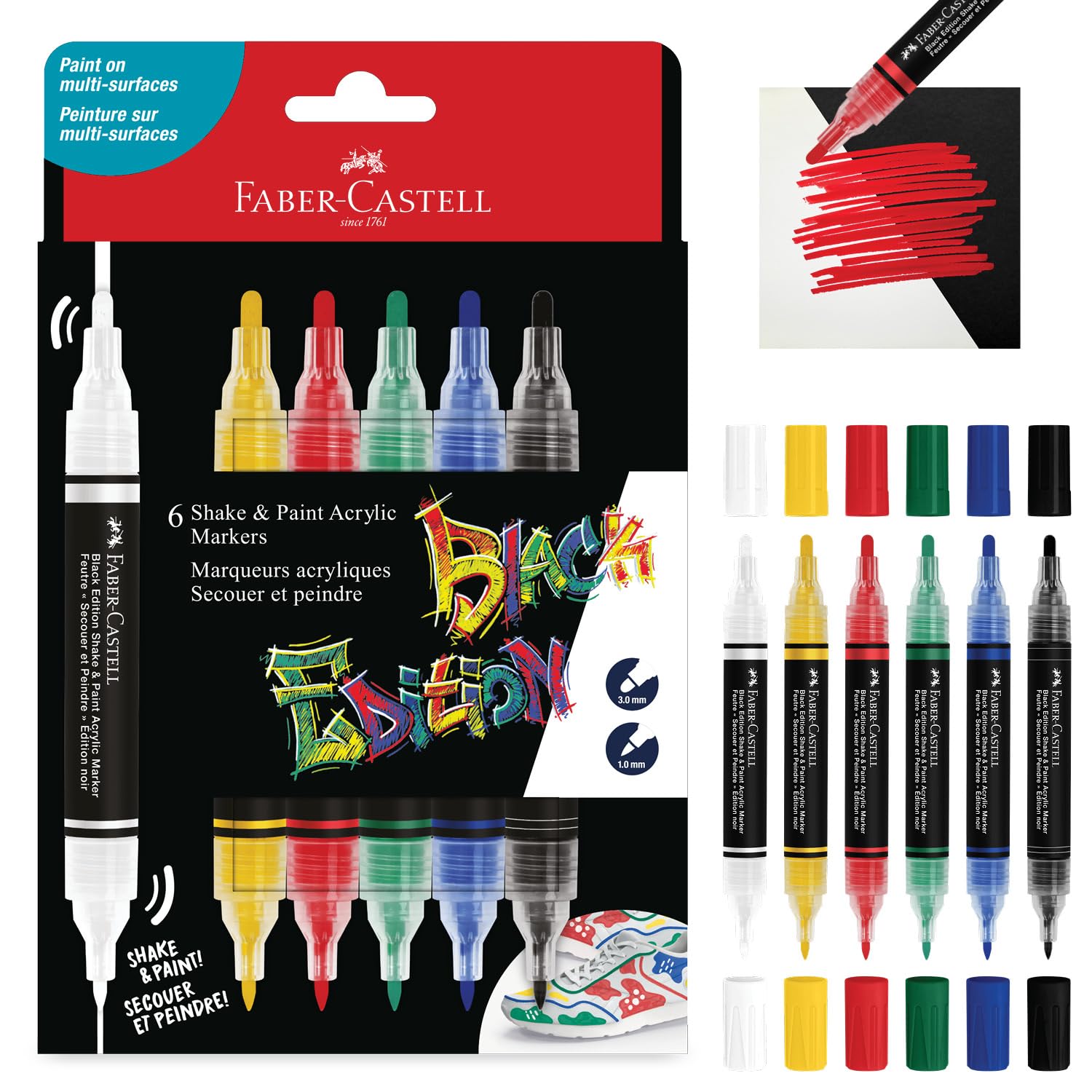 Faber-Castell Black Edition Shake & Paint Marqueur acrylique, 6 couleurs standard