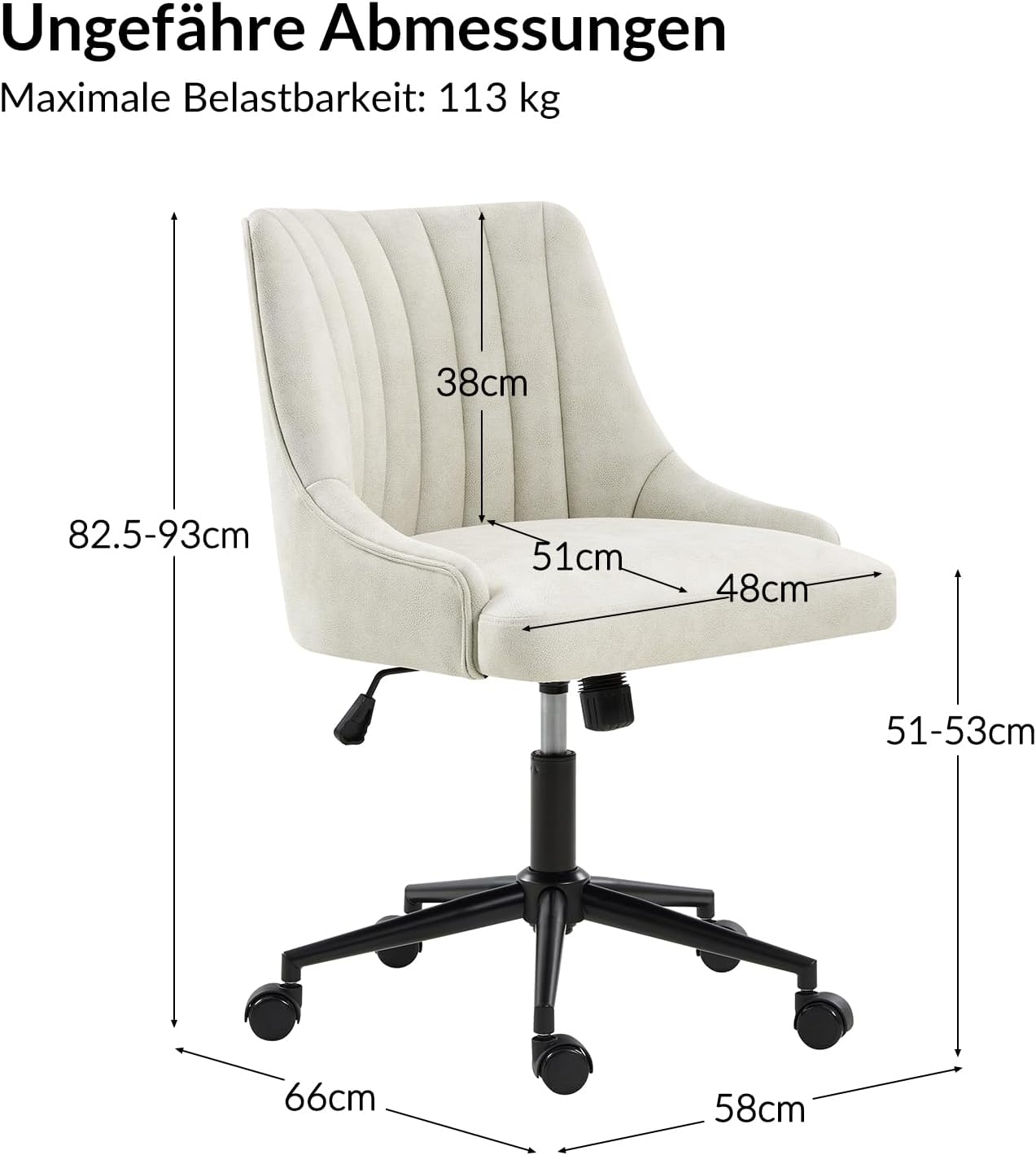 HULALA HOME Chaise de bureau moderne sans accoudoirs avec assise rembourrée, dossier matelassé, pivotante 360° à hauteur réglable et structure en métal robuste - Blanc