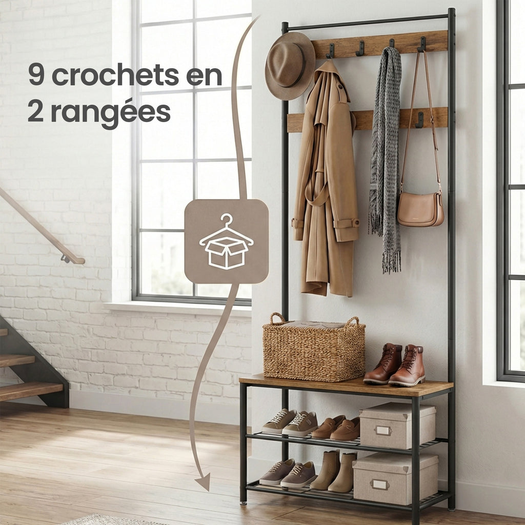 JOYFURNOS Portemanteau, 32 x 70 x 177 cm, Vestiaire avec Banc de Rangement pour Chaussures, Style Industriel, Marron et Noir