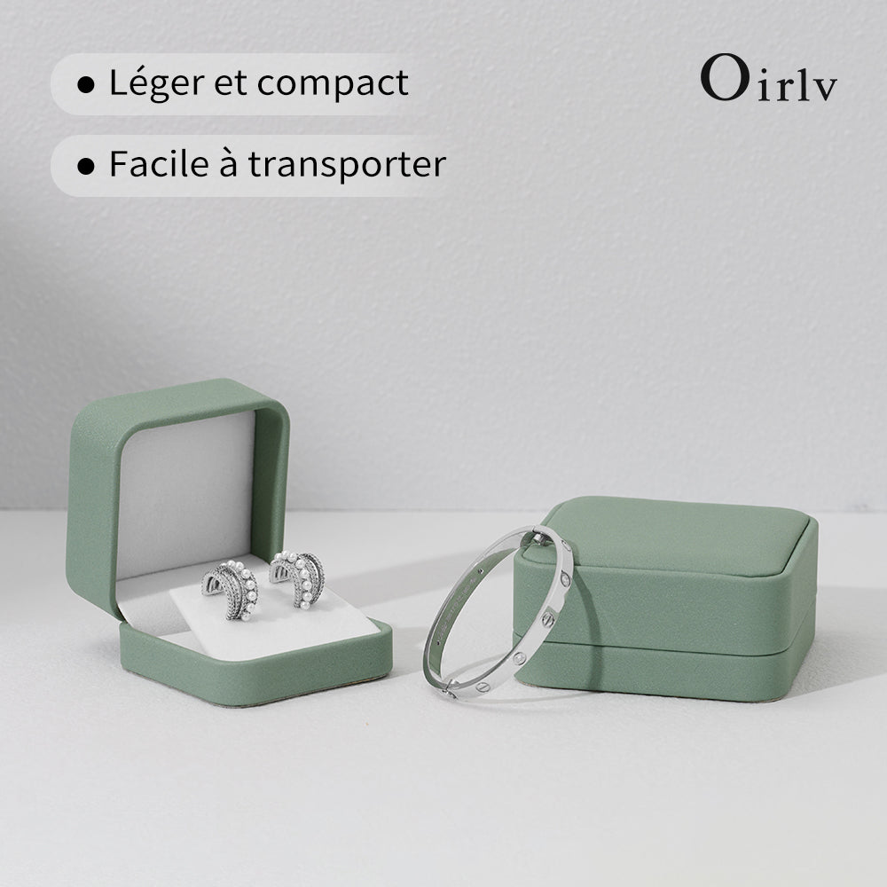 Oirlv Boîte à bague en cuir PU, boîte à bijoux vert clair, boîte cadeau pour boucles d'oreilles, colliers et bracelets, boîte d'emballage pour demande en mariage et anniversaire