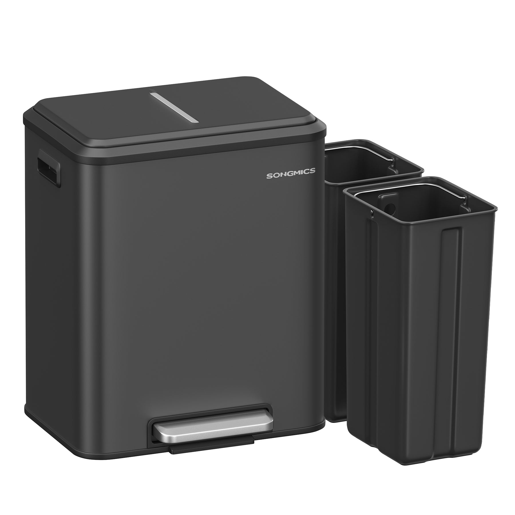 Ochama Poubelle de tri de cuisine, 2 x 15 L, Acier, 2 compartiments, Couvercle à fermeture douce, Pédale large, Noir encre