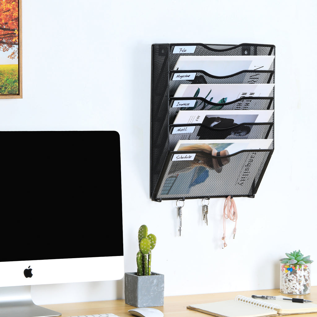Senhoglb Porte-documents mural A4 en maille à 5 niveaux avec 5 crochets, Noir, Soldes du Nouvel An, Meilleures idées cadeaux