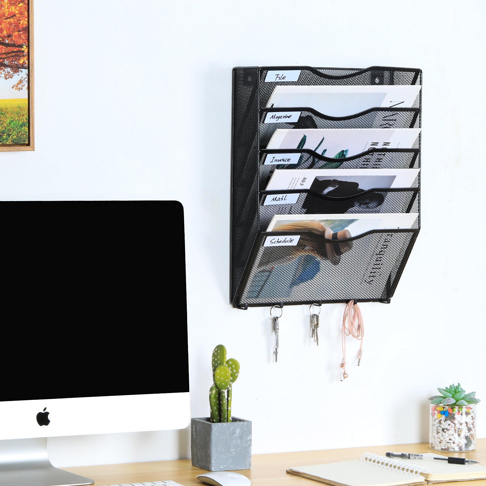 Senhoglb Porte-documents mural A4 en maille à 5 niveaux avec 5 crochets, Noir, Soldes du Nouvel An, Meilleures idées cadeaux