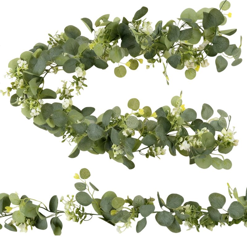 Wei's moment Lot de 2 Guirlandes d'Eucalyptus, 180 cm, Guirlandes Artificielles, Eucalyptus, Guirlande de Fleurs avec Fleurs Blanches, Guirlande de Feuilles