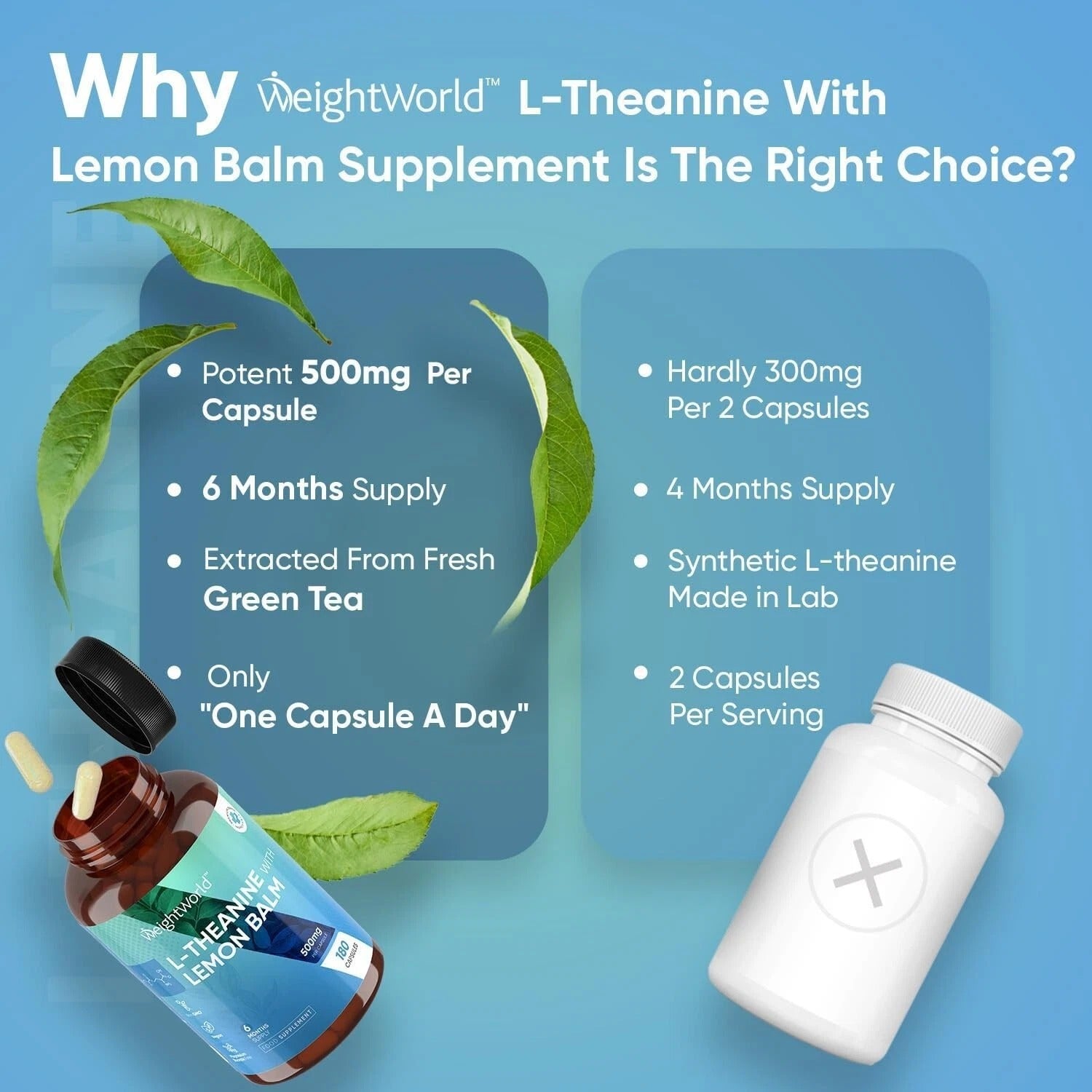 WeightWorld L-Théanine avec mélisse 500 mg 180 gélules