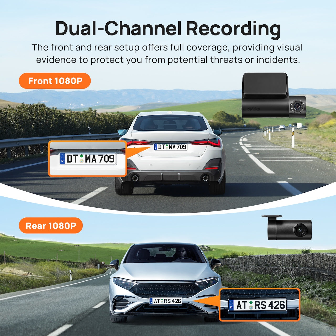 Dashcam 70mai A200-1, Double Caméra 1080P HDR Avant et Arrière, Enregistrement Fluide 60 FPS (Avant), 70mai Night Owl Vision, FOV 130°, Écran IPS 2'', Contrôle via App WiFi