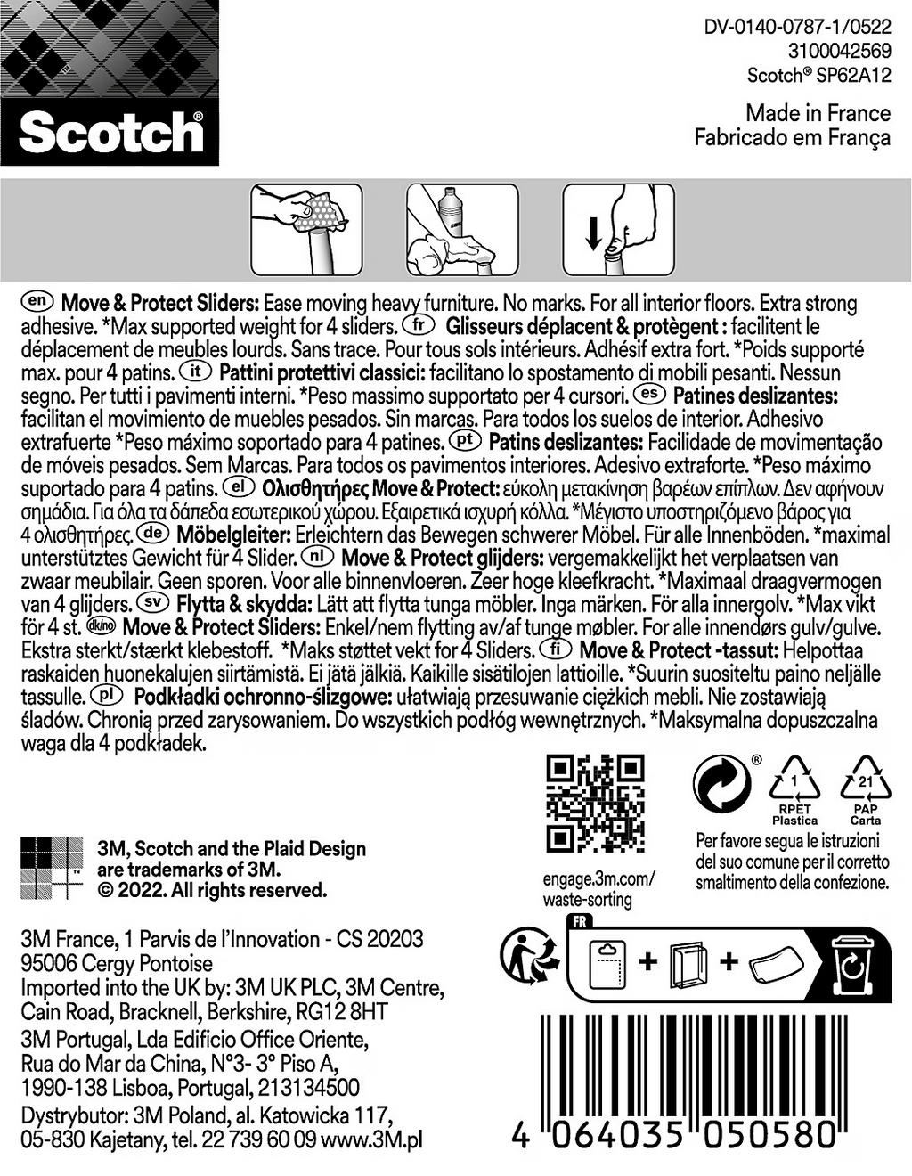 Scotch® Patin glisseur alvéolé adhésif Gris 50 x 50mm