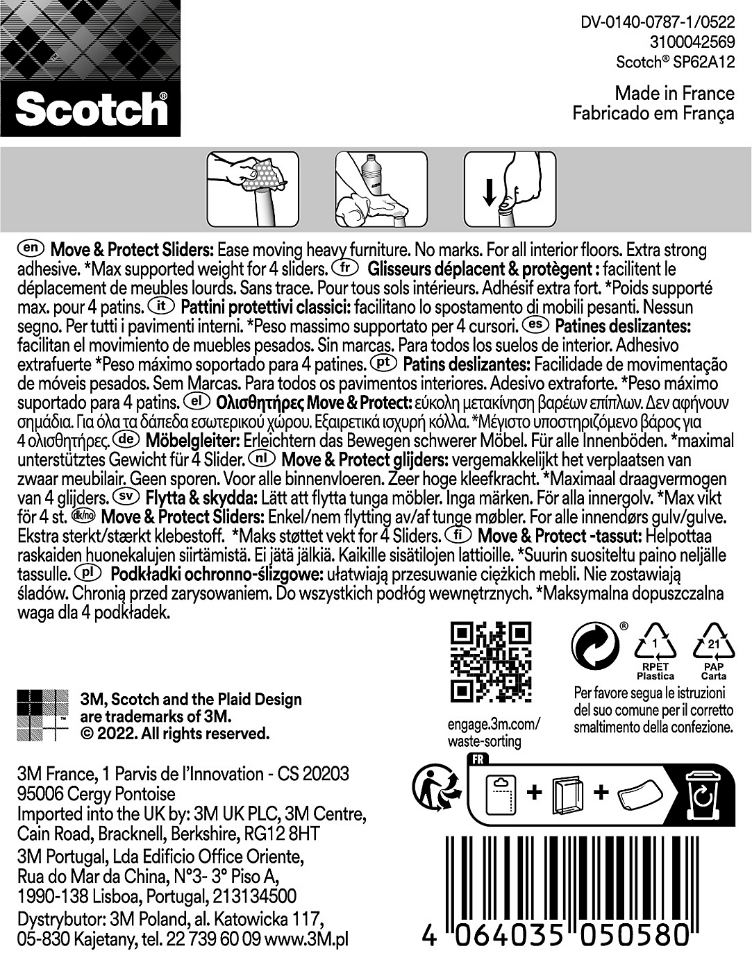 Scotch® Patin glisseur alvéolé adhésif Gris 50 x 50mm