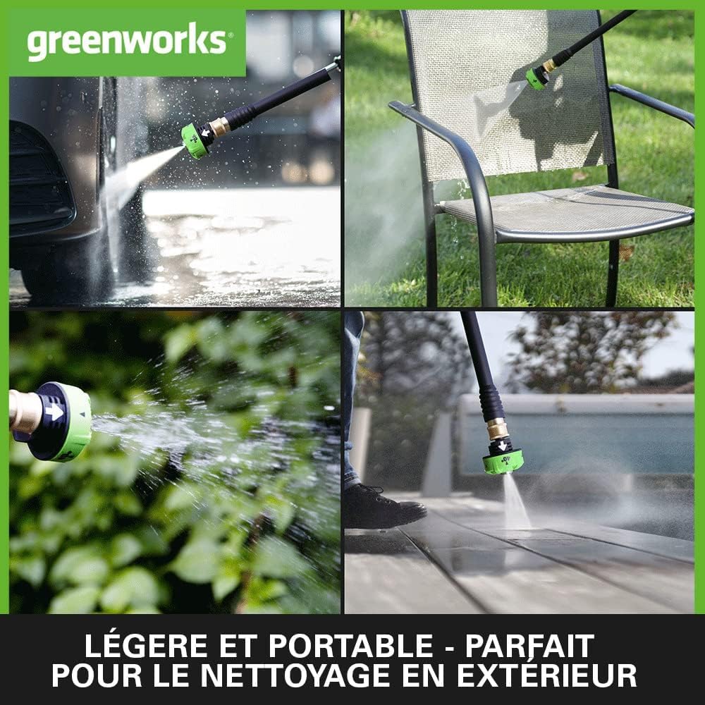 Greenworks 24 V Nettoyeur Haute Pression Sans Fil à Main (Puissance du Moteur Li-Ion 300 W, Pression 24 Bar, Débit 180 l/h, Buse 5 Jets, Tuyau 6 m Sans Batterie et Chargeur), Vert, Gris, Noir G24PWK4