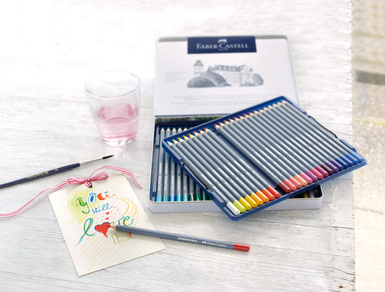 Faber-Castell Boîte en métal de 48 crayons de couleur aquarellables