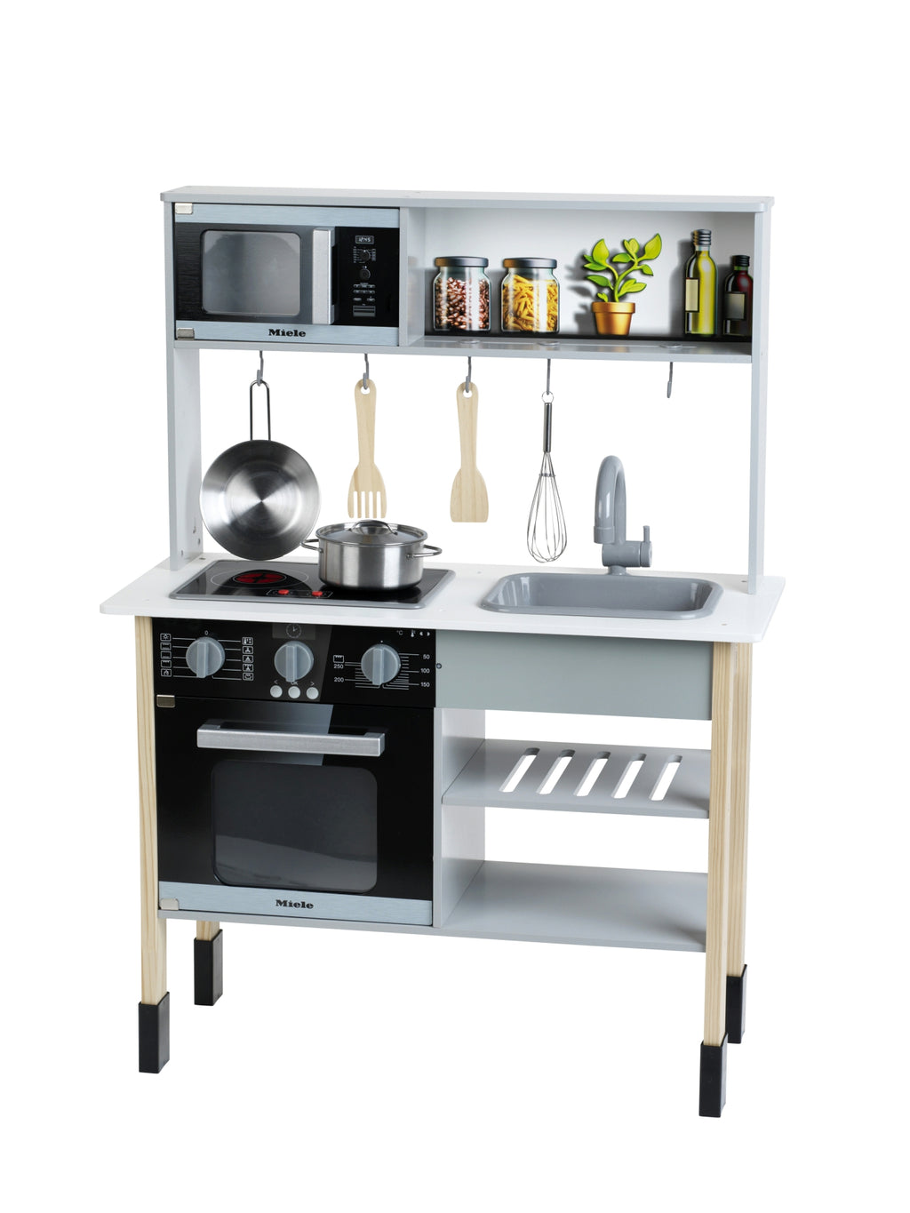 Theo Klein 7199 Miele - Cuisine de jeu en bois blanche, avec plaque de cuisson son et lumière, accessoires en acier inoxydable et bois, pour enfants dès 3 ans