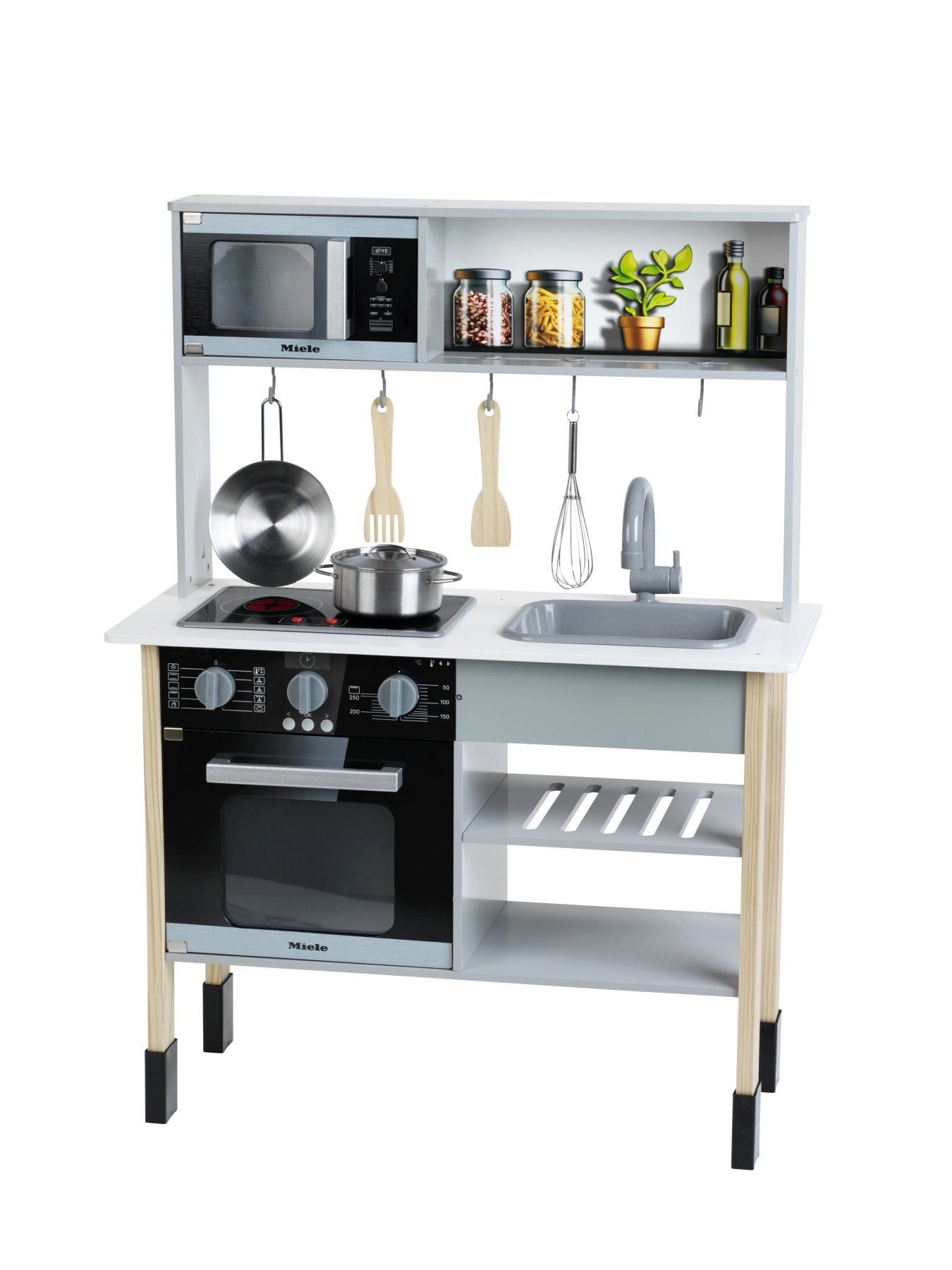 Theo Klein 7199 Miele - Cuisine de jeu en bois blanche, avec plaque de cuisson son et lumière, accessoires en acier inoxydable et bois, pour enfants dès 3 ans