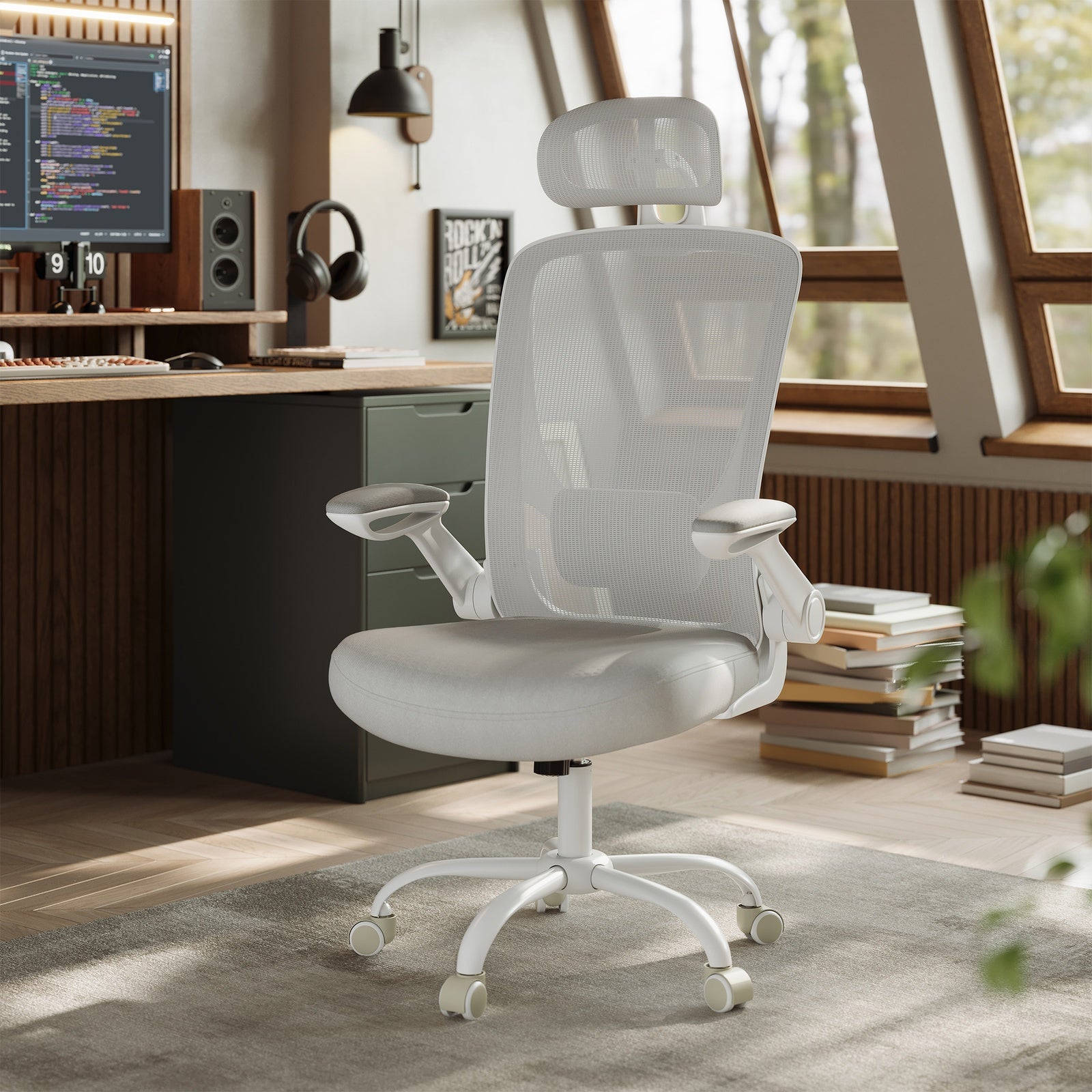 JOYFURNOS Chaise de bureau pivotante ergonomique avec soutien lombaire, appuie-tête, accoudoirs relevables, fonction d'inclinaison - Gris