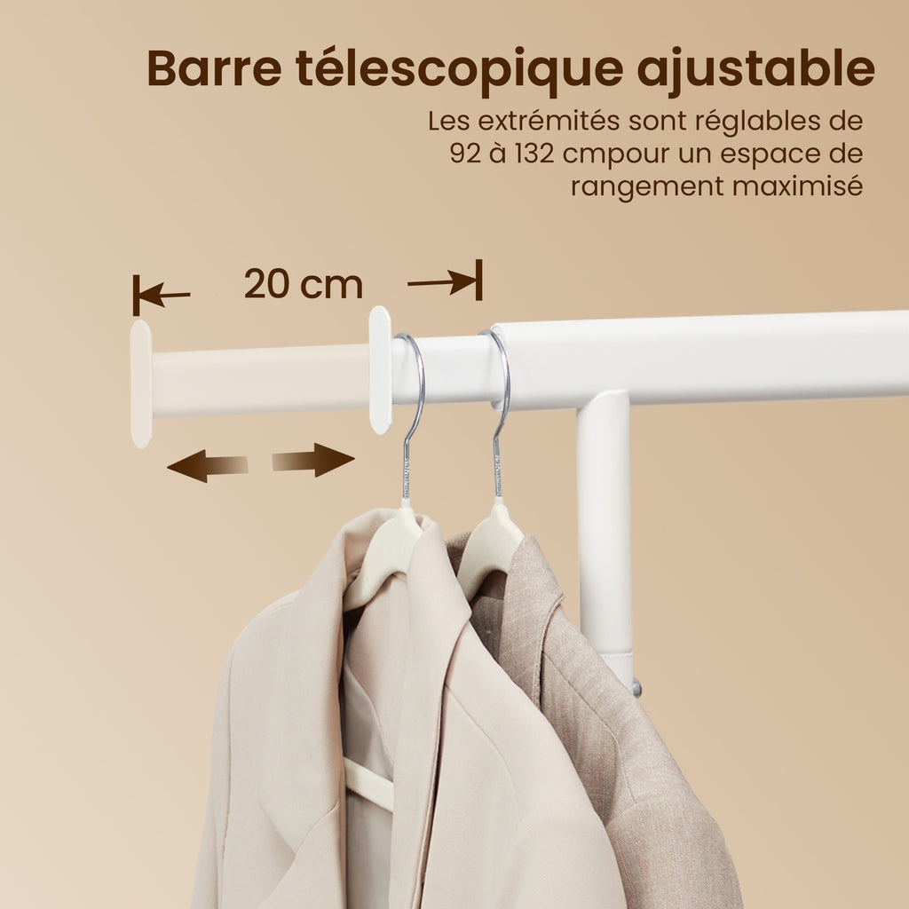 JOYFURNOS Portant à Vêtements sur Roulettes, Tringle à Vêtements Robuste, 45 x (92-132) x 161,5 cm, avec Tringle Extensible, Capacité de Charge 100 kg, Portable, Blanc