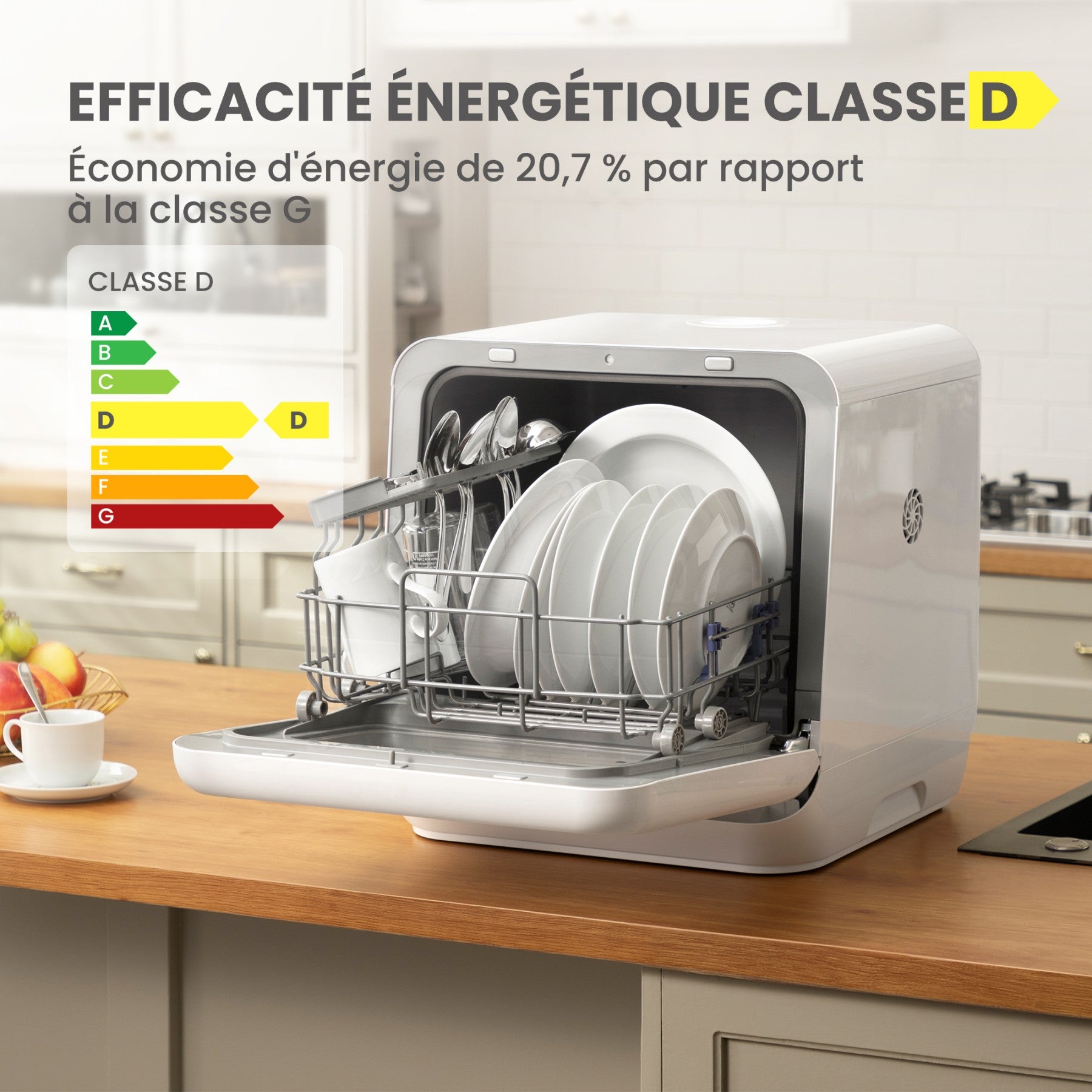 Comfee' Mini Lave-Vaisselle Compact, 6 Programmes, Fonctions Vapeur, Soin Bébé & Lavage Fruits, Sans Installation, Démarrage Différé, Stockage 72h, Blanc, Classe Énergétique D