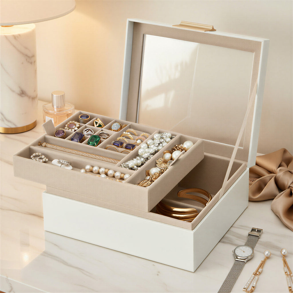 JOYFURNOS Boîte à Bijoux avec Couvercle en Verre, Organiseur à Bijoux 2 Niveaux avec Plateau Amovible, Rangement pour Bijoux, Style Moderne, Cadeau pour Vos Proches, Blanc Nuage et Or Métallique
