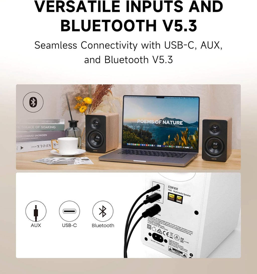 EDIFIER M60 Enceinte multimédia Bluetooth 5,3, 66 W RMS, Audio haute résolution et audio sans fil haute résolution, LDAC, Haut-parleur médium-grave 3 pouces et tweeter 1 pouce