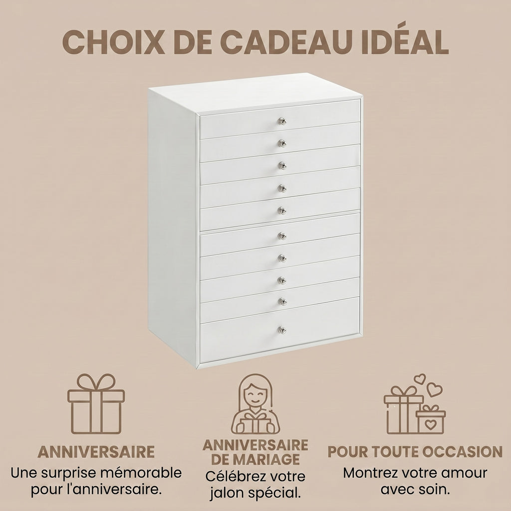 JOYFURNOS Organisateur de bijoux avec tiroirs, grande boîte de rangement, idée cadeau moderne pour chambre, 10 niveaux, blanc