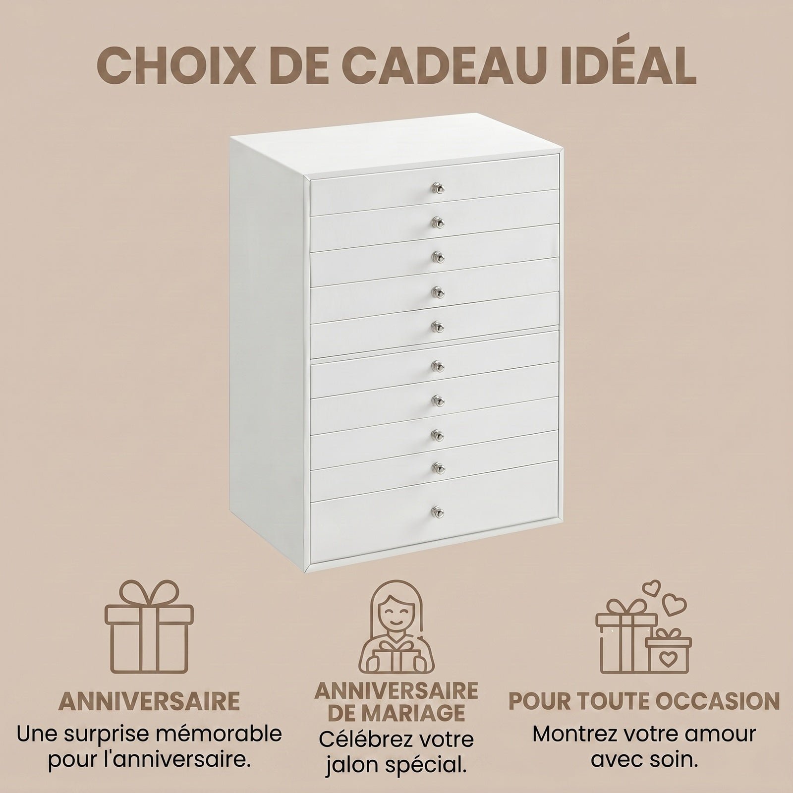JOYFURNOS Organisateur de bijoux avec tiroirs, grande boîte de rangement, idée cadeau moderne pour chambre, 10 niveaux, blanc