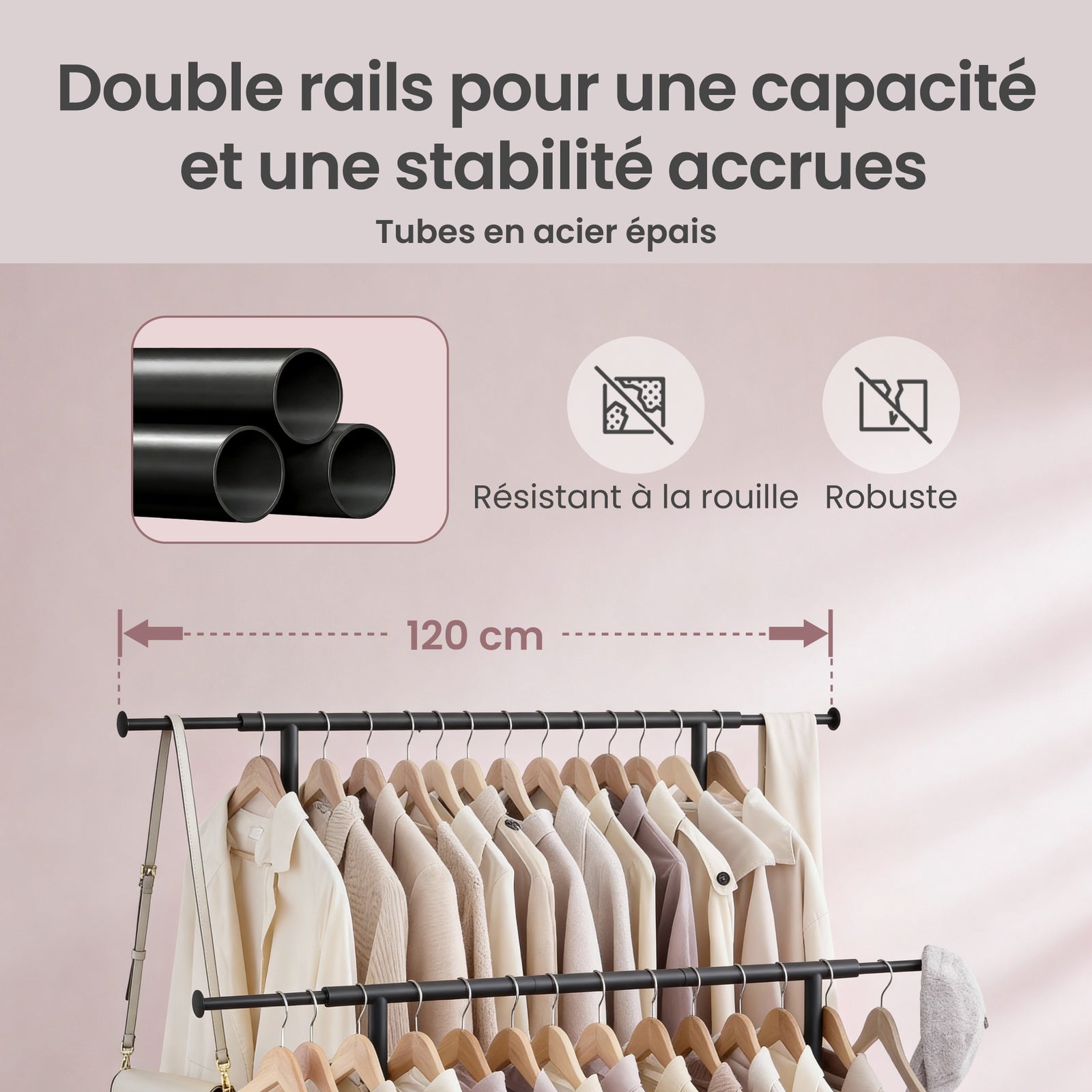 JOYFURNOS Portant à Vêtements Double avec Roulettes, Tringle à Vêtements Réglable, Cadre en Métal Robuste pour Chambre, Charge de 80 kg, Noir