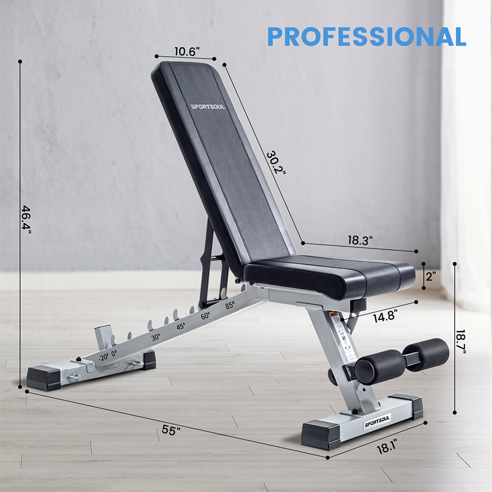 SPORTSOUL Banc d'exercices réglable pour salle de sport à domicile, banc d'entraînement de force pliable avec capacité de charge de 610 lb, 6 x 3 x 3 réglable