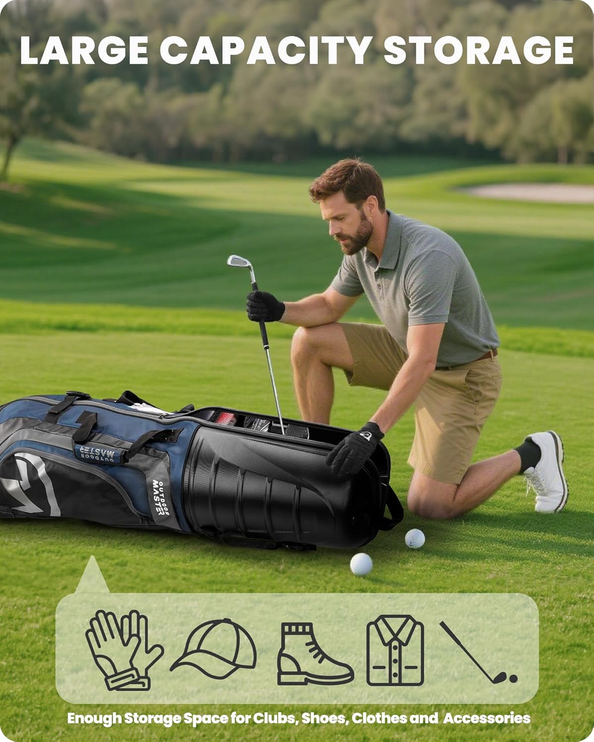 OutdoorMaster Sac de voyage semi-rigide avec roulettes pour clubs de golf - Noir/bleu