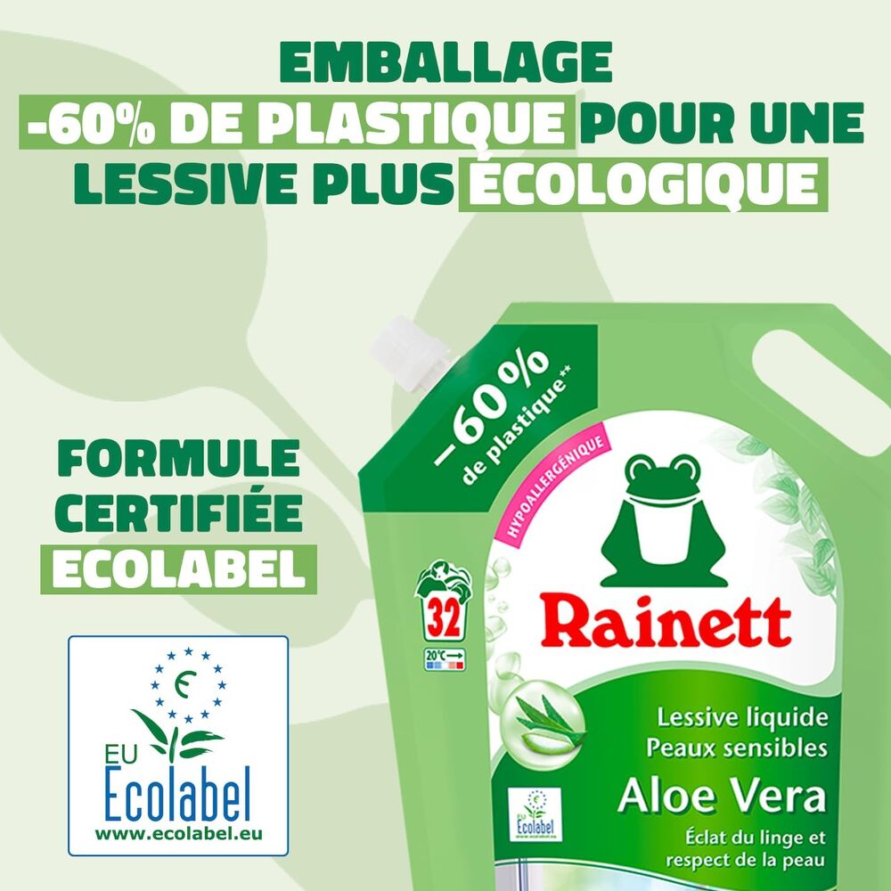 RAINETT Lessive liquide peaux sensibles écologique à l'aloe vera 32 lavages 1,6L