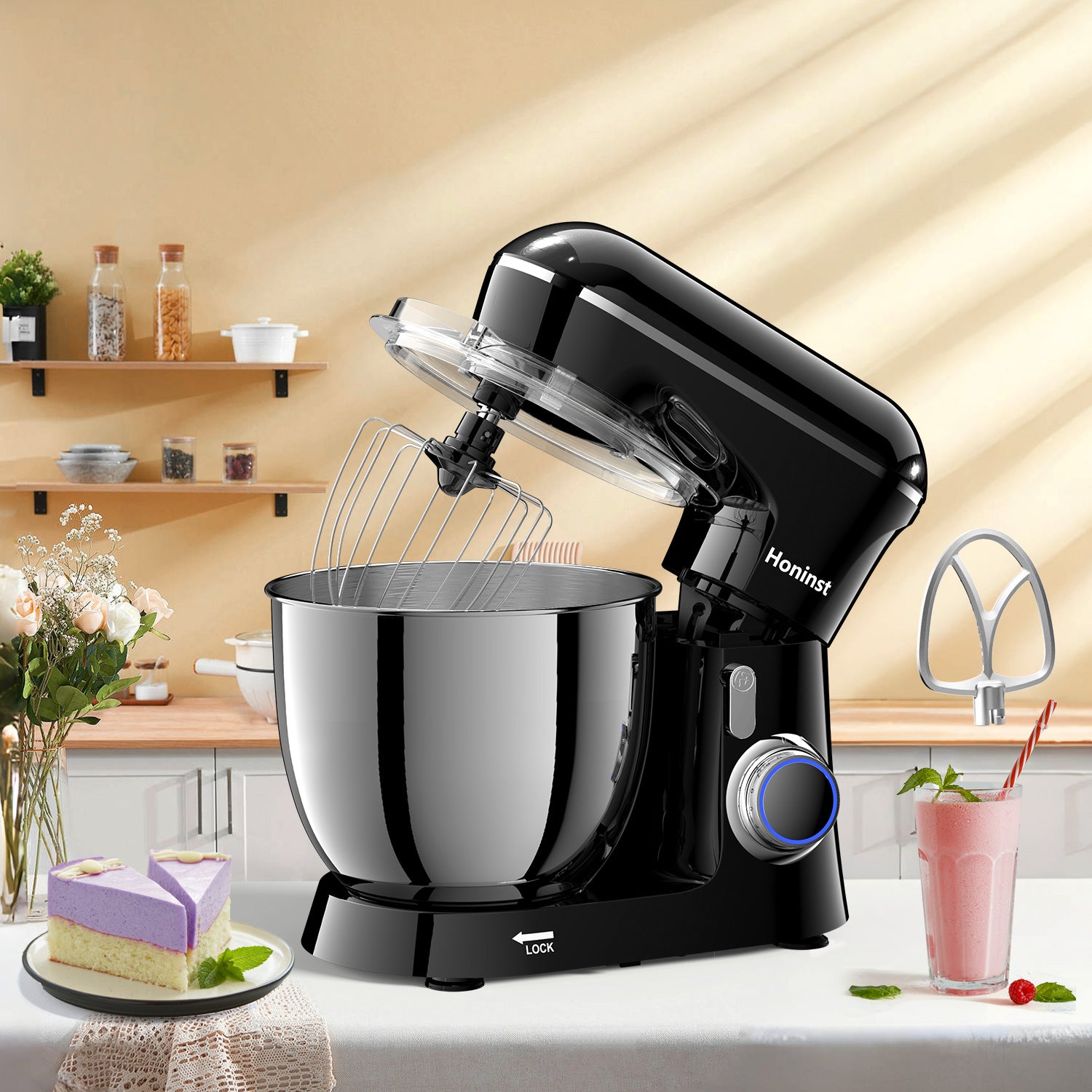 HONINST Robot pâtissier électrique à tête inclinable 6,5 qt 10 vitesses, robot de cuisine 3 en 1 avec bol, crochet pétrisseur, fouet et batteur plat