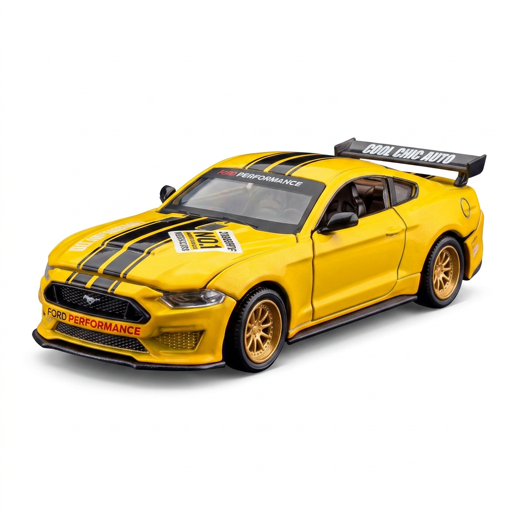 CCA Voiture miniature 2018 Ford Mustang GT jaune classique à l'échelle 1:42 – Kit DIY avec portes ouvrantes et pièces interchangeables ; un modèle réduit de collection de grande valeur