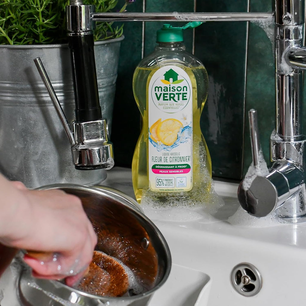 Maison Verte Liquide Vaisselle, Formule Dégraissante à Froid pour Peaux Sensibles, Certifié Écolabel, Fleur de Citronnier, 500 ml