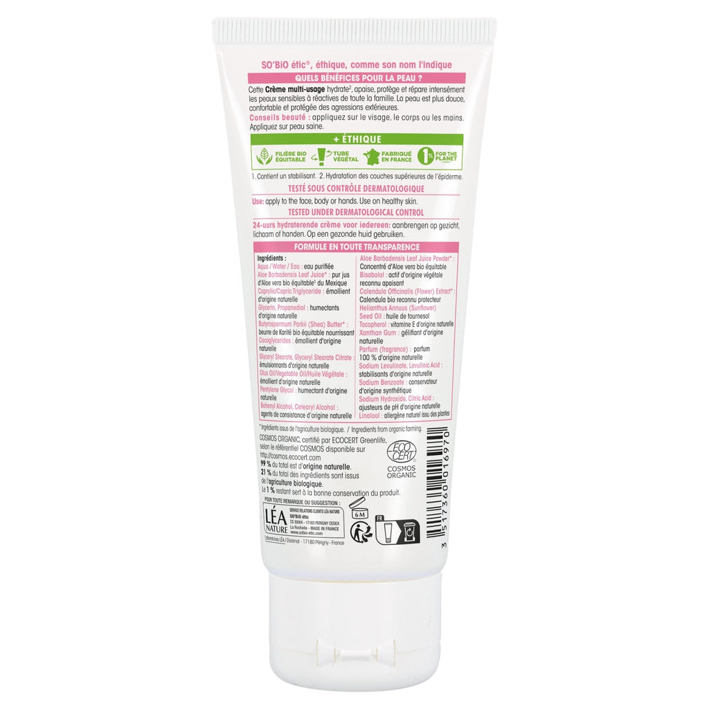 SO'BIO ETIC Crème Multi-Usages Visage Corps Mains Bio Aloe Vera Peaux Sensibles et Réactives 100 ml