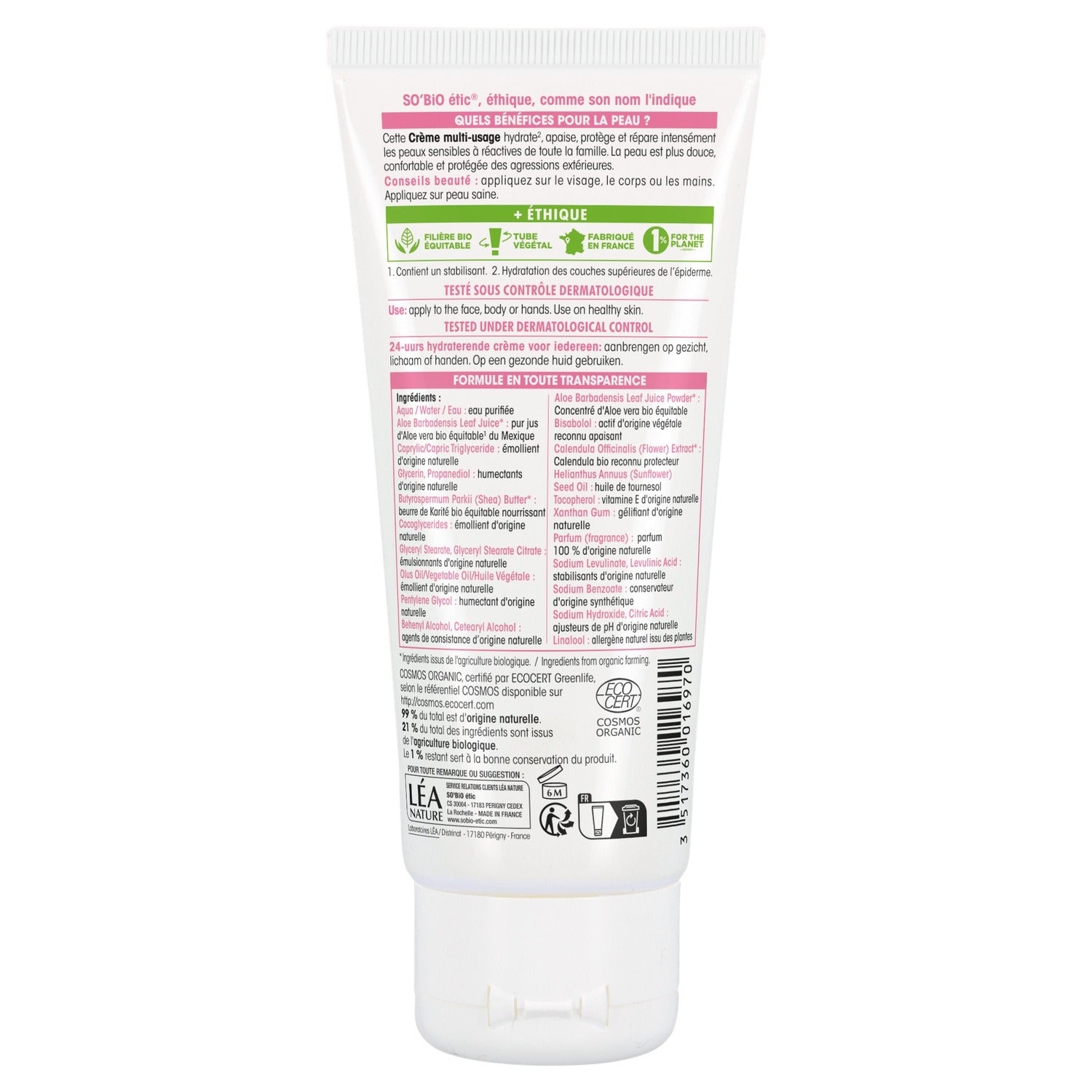 SO'BIO ETIC Crème Multi-Usages Visage Corps Mains Bio Aloe Vera Peaux Sensibles et Réactives 100 ml