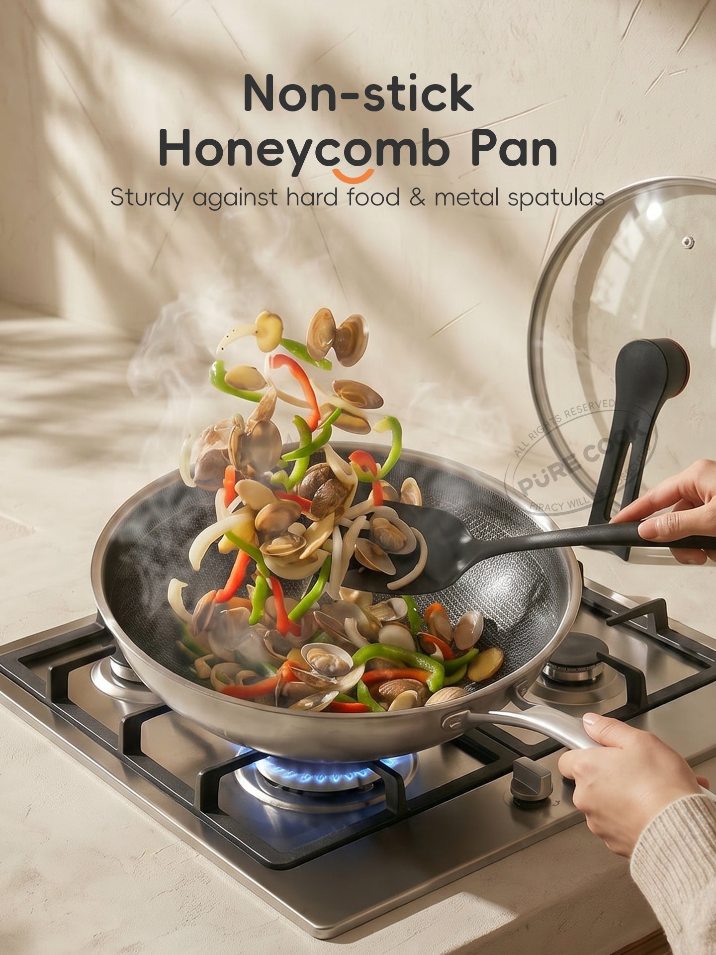 PURECOOK Wok antiadhésif - wok sans Téflon, antiadhésif en acier inoxydable, wok avec couvercle, moins de fumée - Essentiels de la cuisine, cuisson, friture