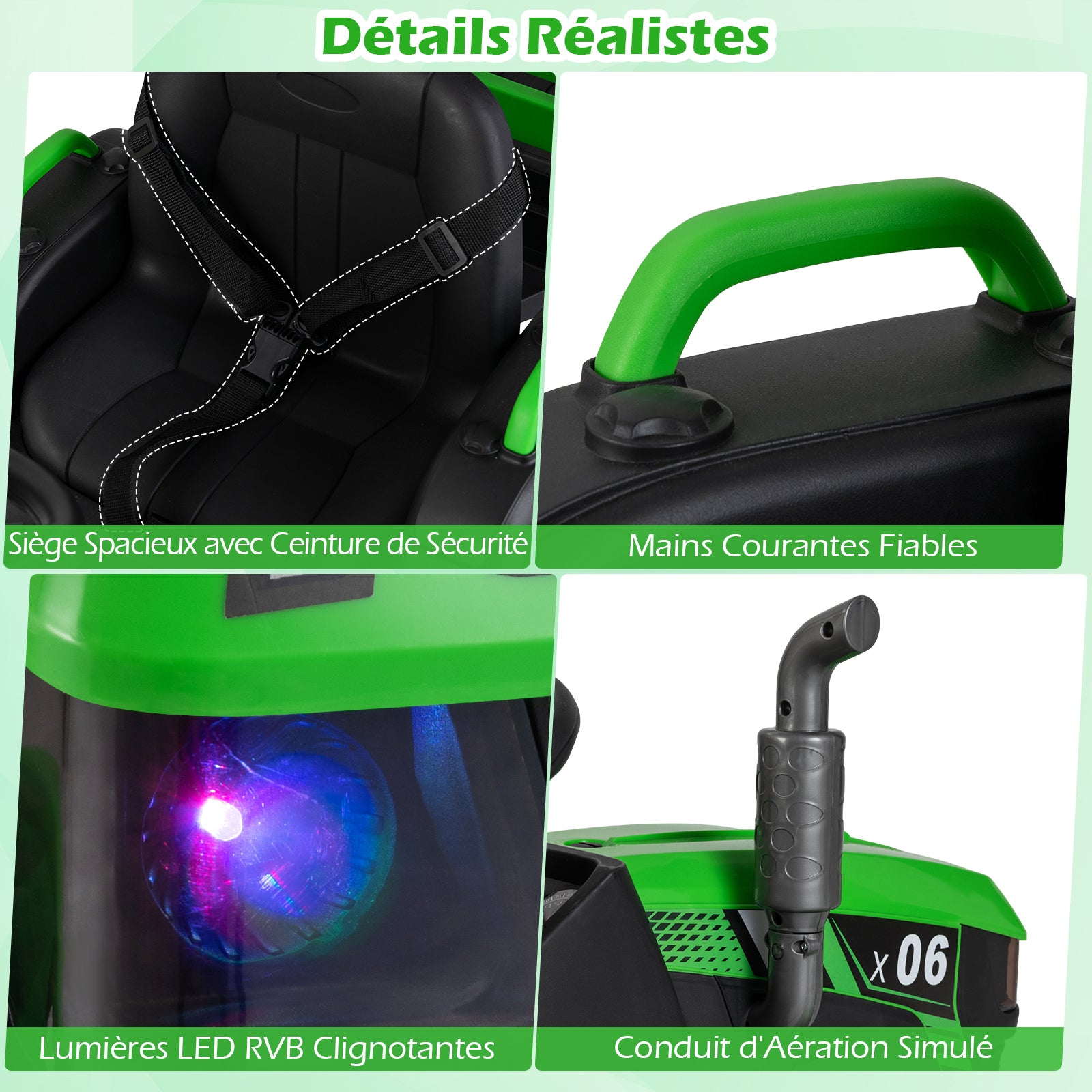 Costway Tracteur électrique pour enfants 24 V avec phares LED RVB, Musique et port USB, Remorque de tracteur électrique et télécommande parentale, Vert