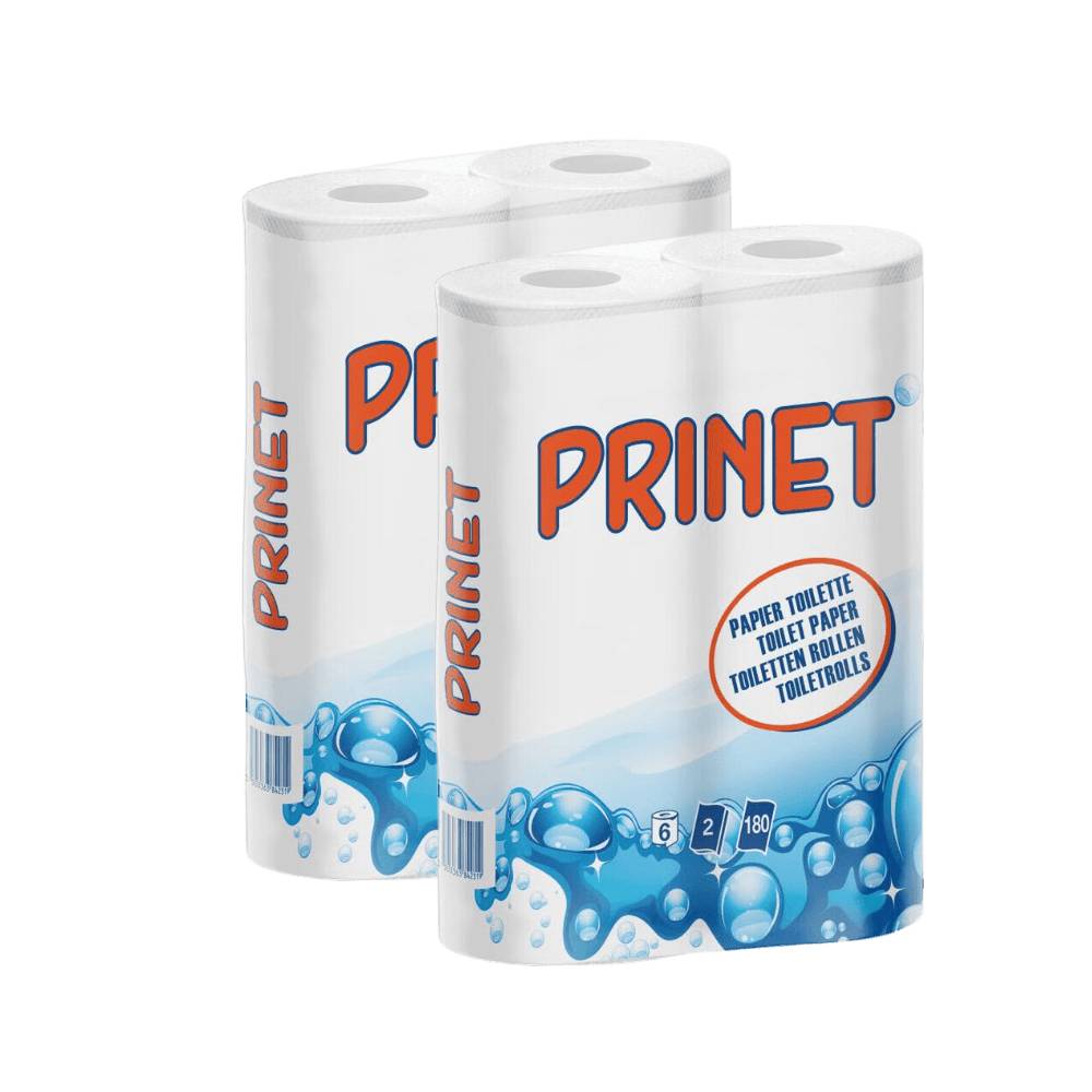 PRINET Papier toilette 2 plis, 180 feuilles par rouleau, Fabriqué en France, 12 rouleaux (2 paquets de 6)