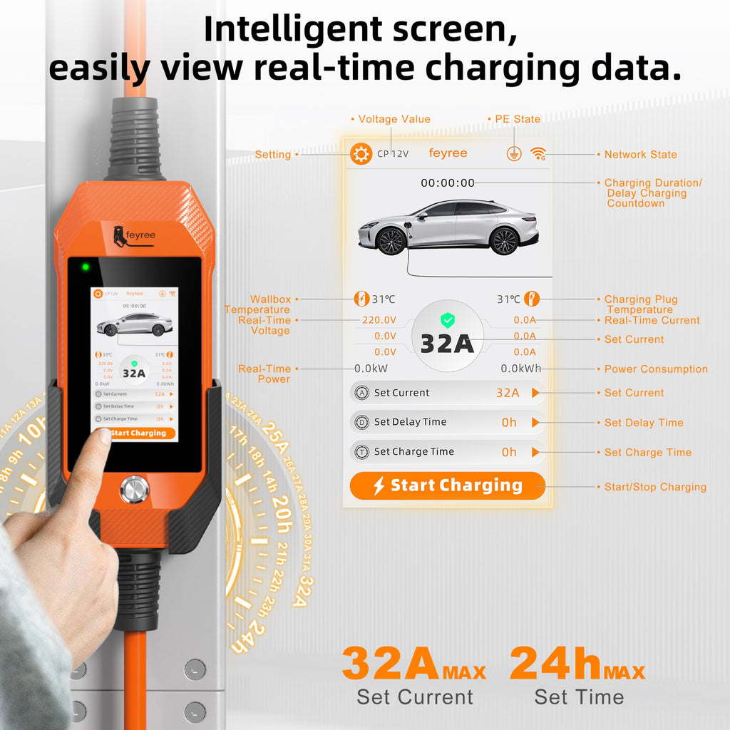 Feyree Chargeur de voiture électrique portable 7 kW 32 A avec écran tactile 4,3 pouces, type 2, réglable, avec adaptateur, contrôle Wi-Fi via application intelligente, pour voitures électriques
