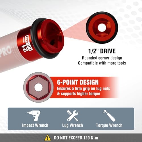 WORKPRO Douille de protection de pneu 1/2" Dr. x 21 mm - Rouge avec anneau en caoutchouc
