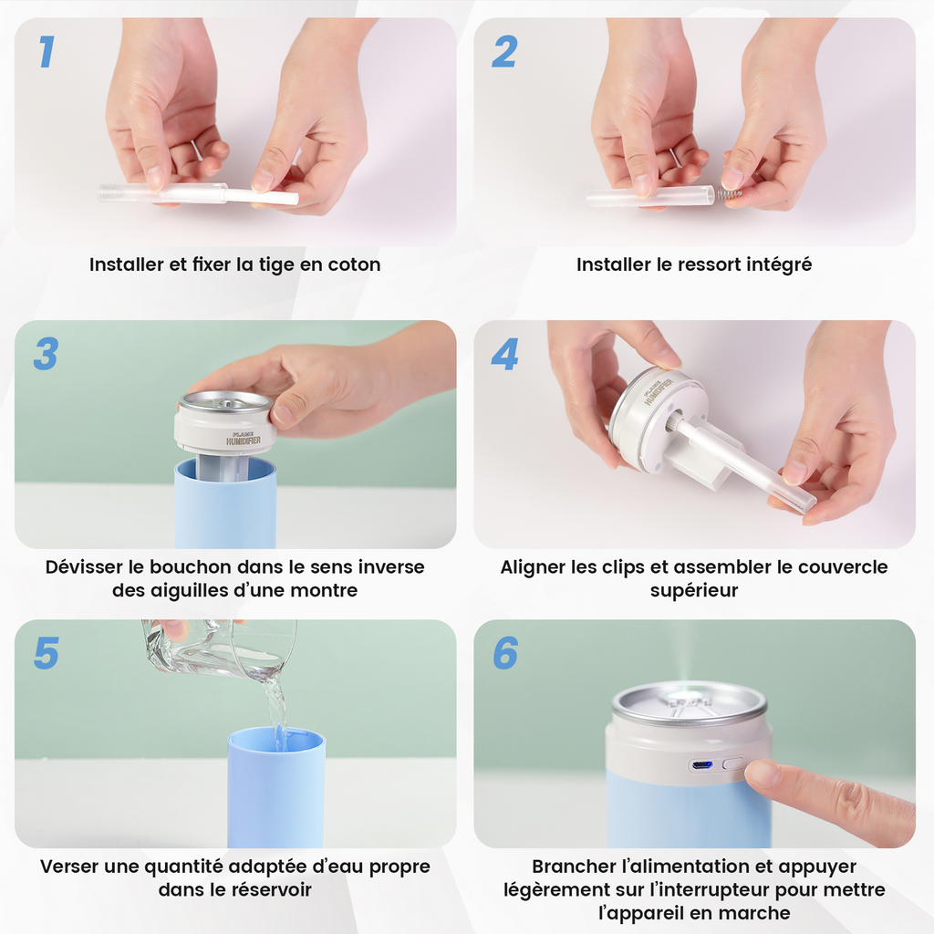 Mini humidificateur portable double usage pour voiture et usage intérieur, Lumière d'ambiance LED intégrée, Deux modes de brumisation silencieux avec arrêt automatique