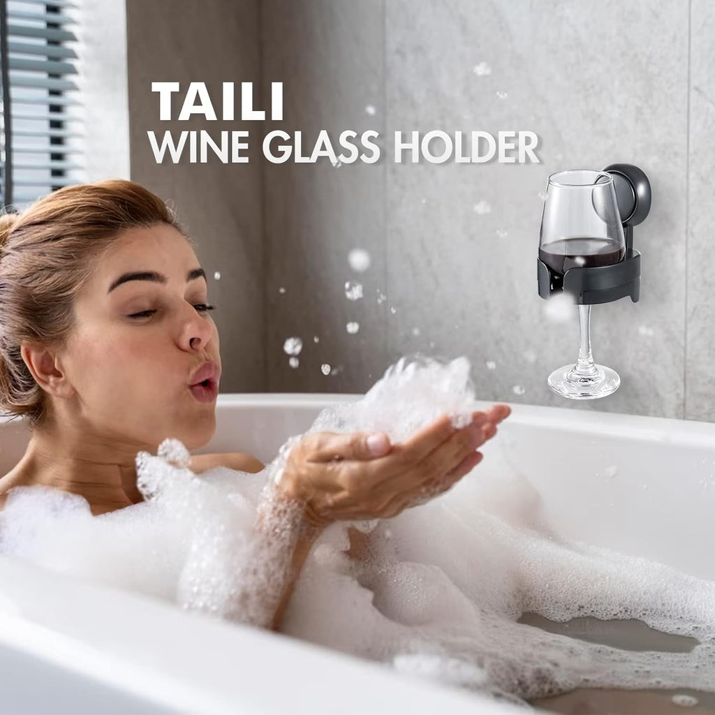 Taili Support de verre à vin à ventouse pour douche, Porte-gobelet de bain mural amovible pour bière, vin, boissons, Pour en profiter au spa, salle de bain, cuisine, etc., Noir