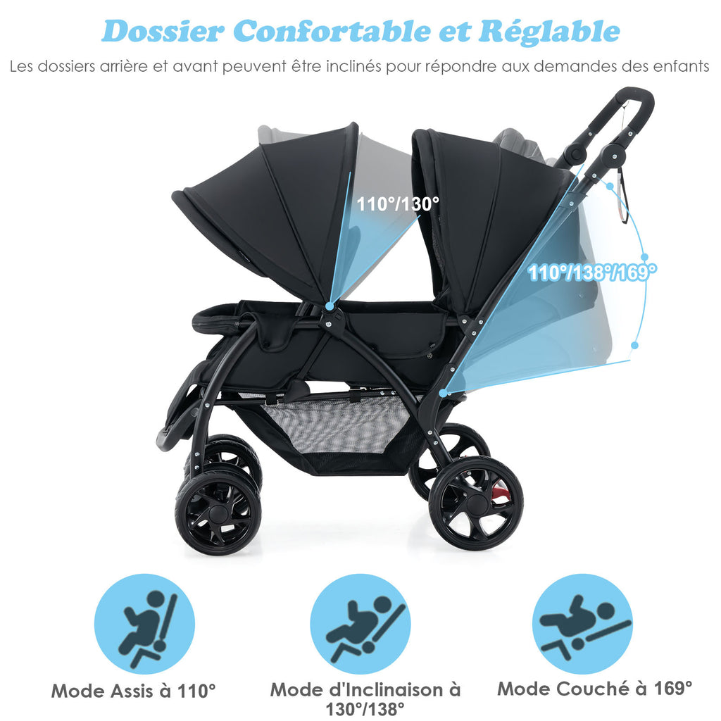 Poussette jumelle pliable Sibling avec dossier réglable et pare-soleil, capacité de charge 30 kg, noir