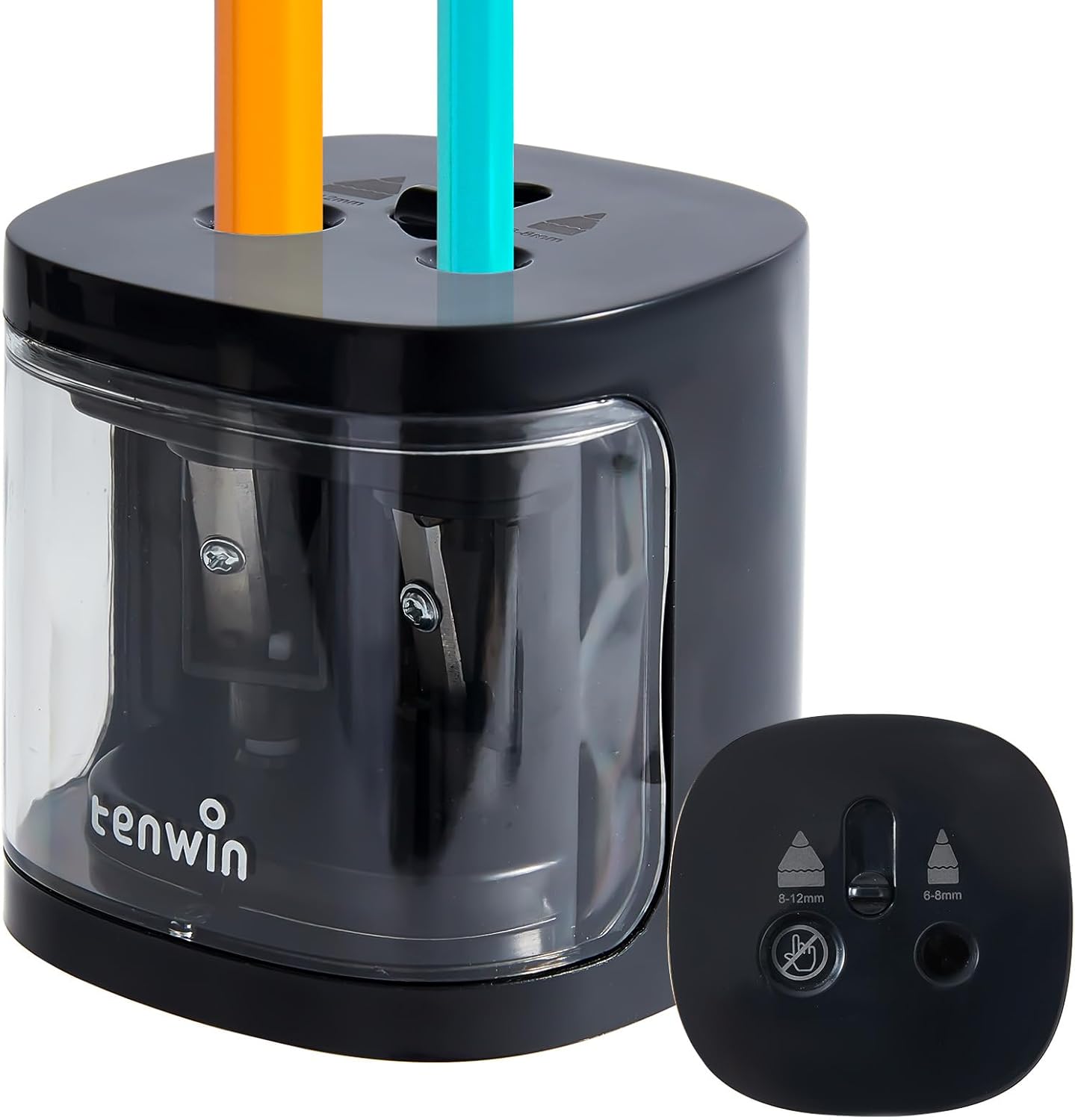 tenwin Taille-crayon électrique à double trou à piles pour crayons n° 2/de couleur 6 à 12 mm, Lame durable pour taillage rapide, Adapté école/salle de classe/bureau/maison, Noir
