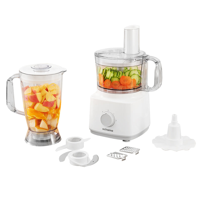 ochama Robot Multifonction 750W, 1,8L Grande Capacité, Blender, Hachoir à Viande, Coupe-Légumes, Disques à Trancher et Râper, Pièces Amovibles, Facile à Nettoyer